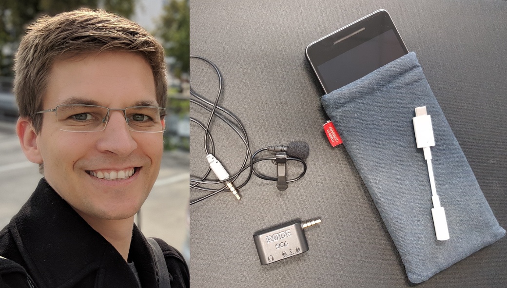 Konstantin Ristl und Smartphone mit Mikrofon und Adapter