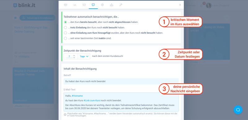 Auf der blink.it-Plattform legst du in drei einfachen Schritten persönliche Reminder für deine Lerner an.