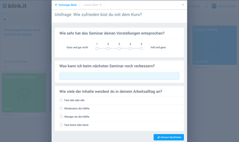 Mit kurzen Fragebögen kannst du Feedback einfach im Online-Kurs einholen. Quelle: blink.it Plattform