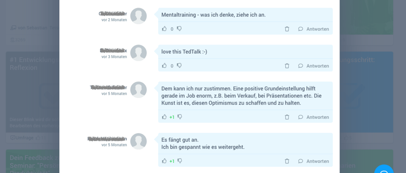 Der Kommentarbereich im Beispielkurs “Persönliche Produktivität und Zeitintelligenz”: Hier können sich die Teilnehmer in der Online-Phase austauschen. Quelle: blink.it Plattform