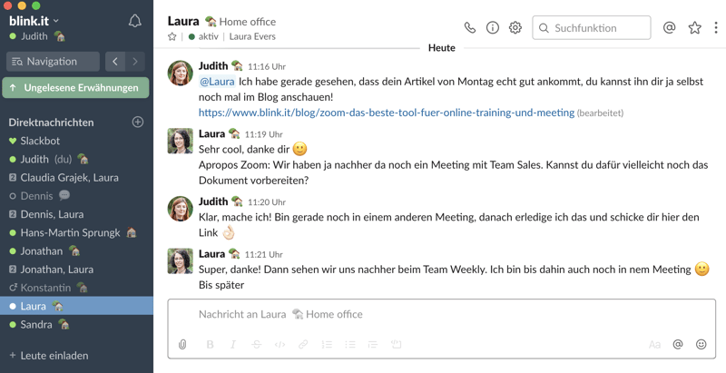 Wir bleiben via Slack in Kontakt, wie du siehst sind alle im Homeoffice. // Quelle: blink.it