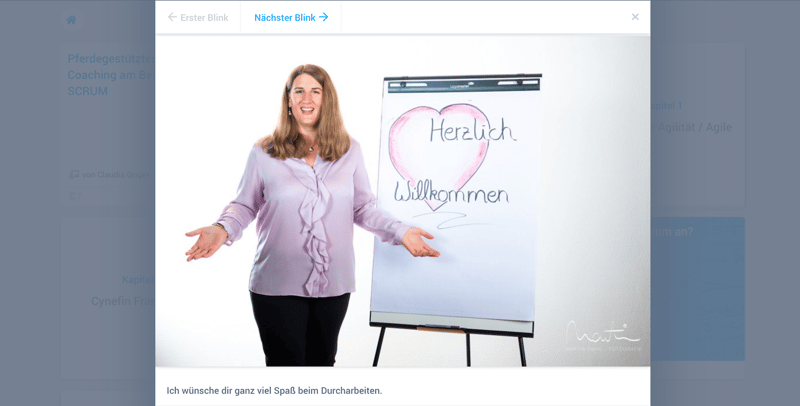 Workshopleiterin Claudia begrüßt ihre Teilnehmer zuvor im Online-Kurs. // Quelle: blink.it