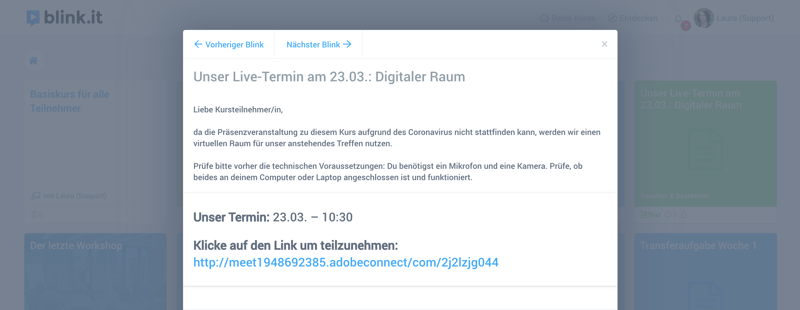 Binde Video-Meetings via zoom, adobe connect oder anderen Tools direkt in deine Online-Kurse ein. // Quelle: blink.it