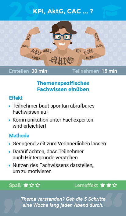 Karte 29 im rocket pack: Die Blended-Learning-Methode 'KPI, AktG, CAC...?'