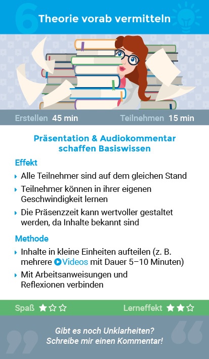 Karte 6 im rocket pack: Die Blended-Learning-Methode 'Theorie vorab vermitteln'