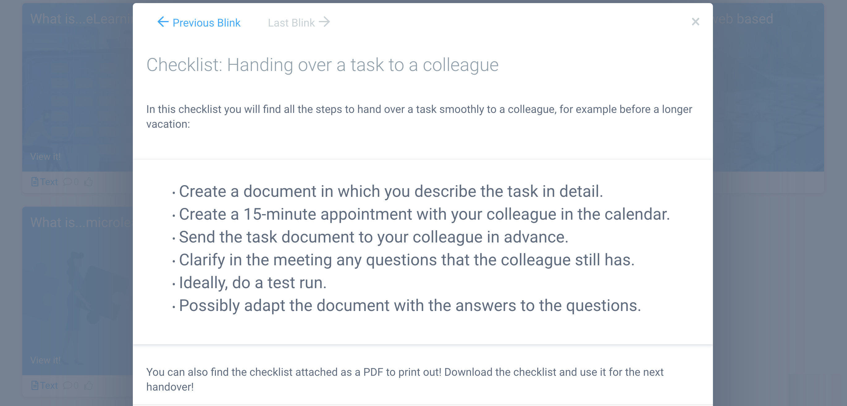 Checklists help employees complete routine tasks quickly and enable refresher reference again and again as needed. // Source: blink.it learning platform