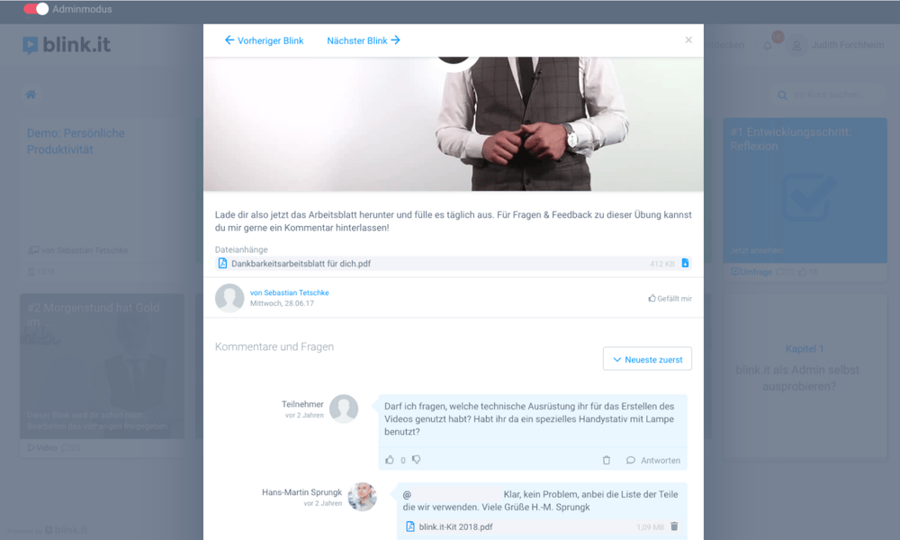 blink.it  als Autorentool und LMS: Unter Lerninhalten gibt es die Möglichkeit, sich in den Kommentaren auszutauschen. // Quelle: blink.it