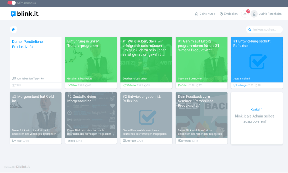blink.it-Kursübersicht: Baue deinen eigenen Kurs direkt in der Lernplattform. // Quelle: blink.it